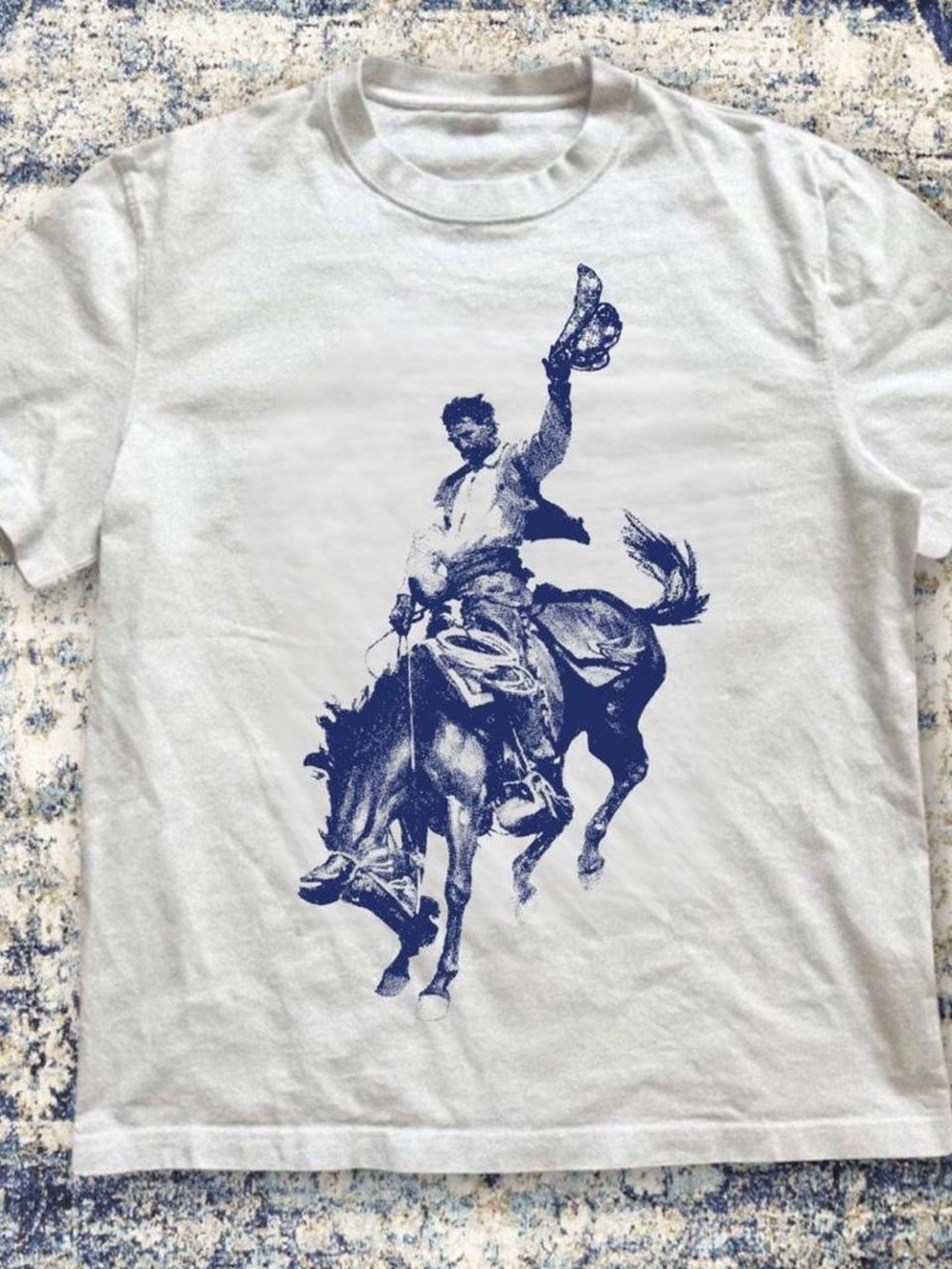 Gildan White Tee with Blue Rodeo Rider Graphic